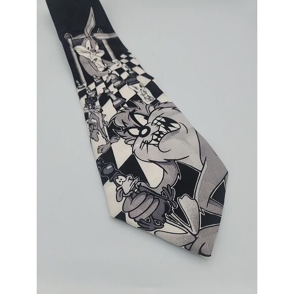 LOONEY TUNES SILK TIE Taz Bugs Bunny Daffy Warner Bros CHESS BLACK AND WHITE - Picture 2 of 4